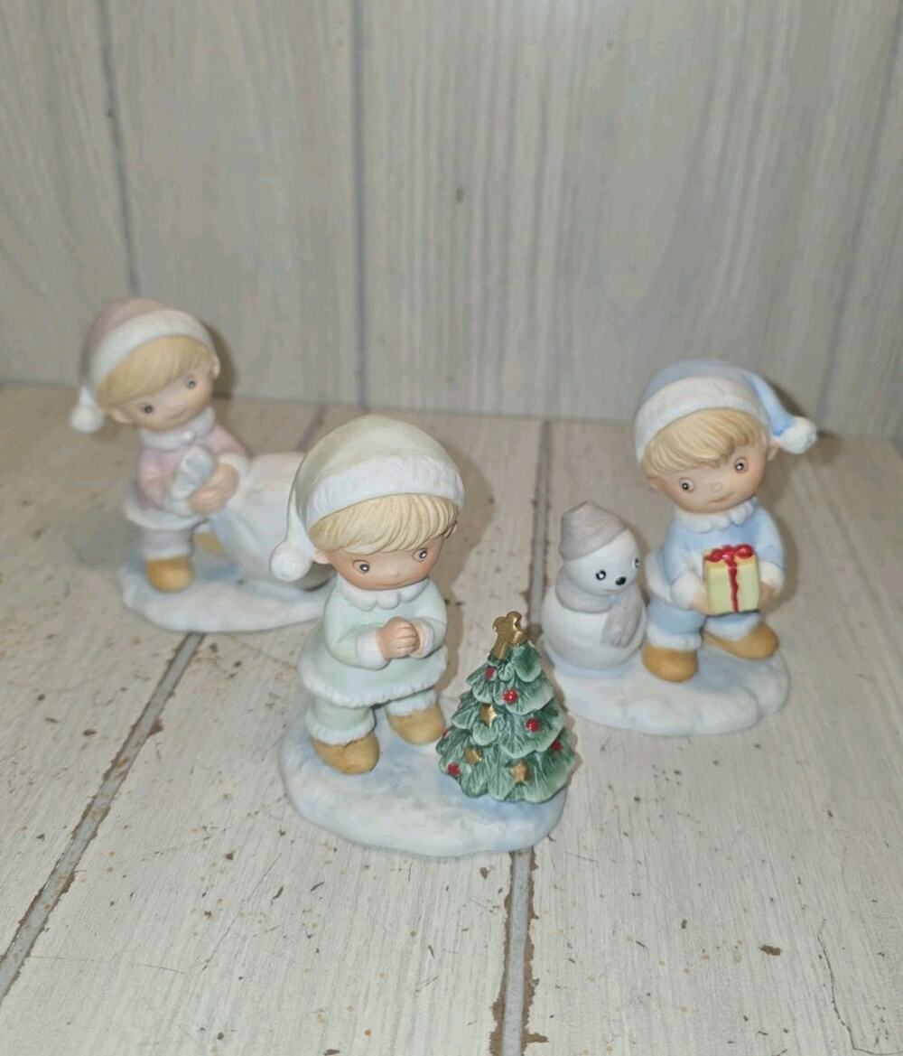 Vintage Homco Set Of 3 Children Figurines 5613 Snowman Christmas Tree Bag Of Toy
